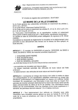 26 AT 0631 Réglementation Du Stationnement De La Circulation Chaussée St Pierre Rue Valentin Hauy Du 04 05 2026 Au 18 05 2026 - Publiée Le 02 07 2026