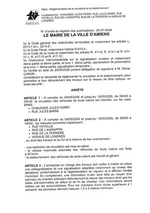 26 AT 0628 Réglementation Du Stationnement De La Circulation Chaussée Jules Ferry Rue Jules Barni Du 04 05 2026 Au 18 05 2026 - Publiée Le 02 07 2026