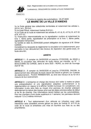 26 AT 0625 Réglementation Du Stationnement De La Circulation Boulevard Du Cange Et Place Parmentier Du 04 05 2026 Au 07 05 2026- Publiée Le 02 07 2026
