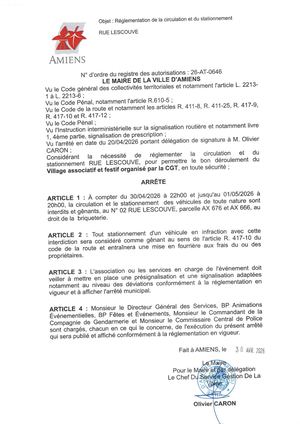 26 AT 0646 Réglementation Du Stationnement De La Circulation Rue Lescouvé Du 30 04 2026 Au 01 05 2026 - Publiée Le 02 07 2026