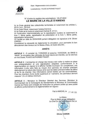 26 AT 0622 Réglementation De Le Circulation Rue Place Alphonse Fiquet Du 11 05 2026 Au 15 05 2026  - Publiée Le 02 07 2026