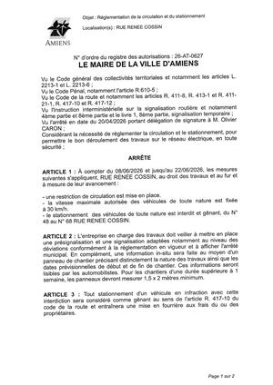 26 At 0627 Réglementation Du Stationnement De La Circulation Rue Renée Cossin Du 08 06 2026 Au 22 06 2026 Publiée Le 02 07 2026