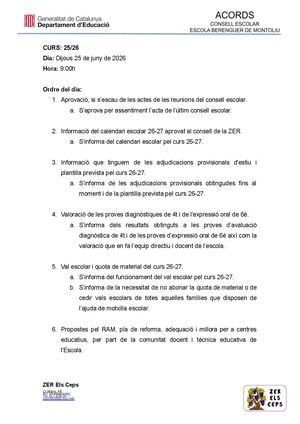 Acords Consell Escolar Escola Berenguer de Montoliu 25-06-2026