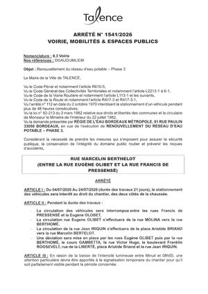 Arrete 1541-2026-Renouvellement Reseau Eau Potable Rue Marcelin Berthelot Du 4 Au 24-06-2026-Publié Le 03 07 2026