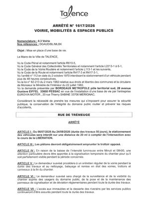 Arrete 1617-2026-Mise En Base De Vie Rue De Tremeuge Du 6-07 Au 24-08-2026-Publié Le 03 07 2026