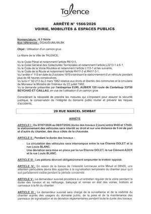 Arrete 1566-2026-Utilisation Camion Grue 29 Rue Marcel Sembat Du 7-07 Au 08-07-2026-Publié Le 03 07 2026