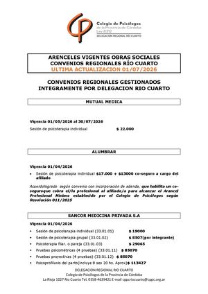 Aranceles Convenios Regionales Rio Cuarto 2026 Actualizados Julio