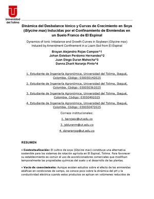 Dinámica Del Desbalance Iónico Y Curvas De Crecimiento En Soya En Un Suelo Franco De El Espinal