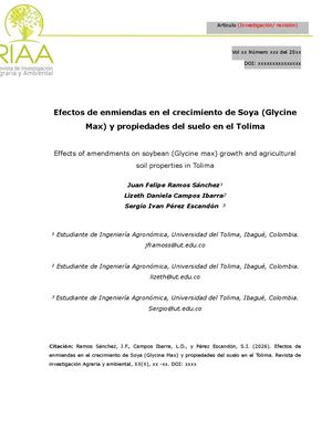 Efectos de enmiendas en el crecimiento de Soya (Glycine Max) y propiedades del suelo en el Tolima