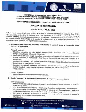 Convocatoria No 12 Profesorado Primaria Bilingüe