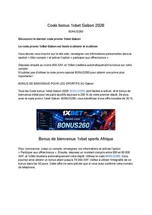 Code Bonus 1xbet Gabon 2026: BONUS260