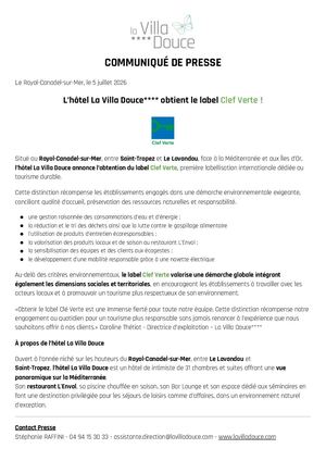Communiqué De Presse Hôtel La Villa Douce Rayol Canadel Saint Tropez Label Clef Verte 2026