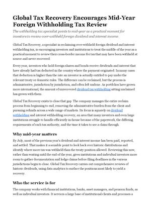Global Tax Recovery Encourages Mid-Year Foreign Withholding Tax Review