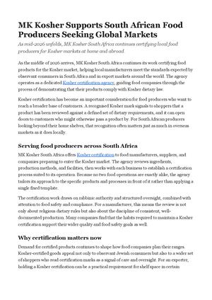 MK Kosher Supports South African Food Producers Seeking Global Markets