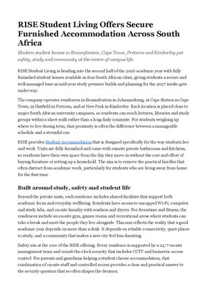 RISE Student Living Offers Secure Furnished Accommodation Across South Africa