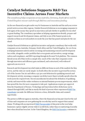 Catalyst Solutions Supports R&D Tax Incentive Claims Across Four Markets