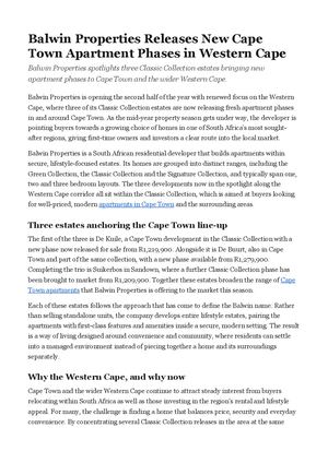 Balwin Properties Releases New Cape Town Apartment Phases in Western Cape