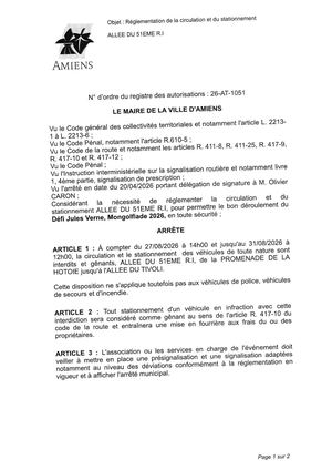 26 AT 1051 Réglementation Du Stationnement Et De La Circulation Allée Du 51EME R I Du 27 08 2026 Au 31 08 2026 - Publiée Le 06 07 2026