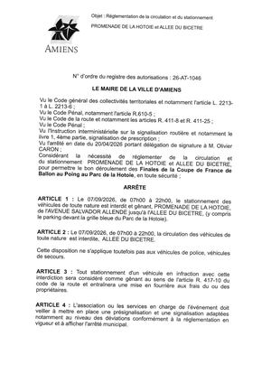 26 AT 1046 Réglementation Du Stationnement Et De La Circulation Promenade De La Hotoie Et Allée Du Bicetre Le 07 09 2026 - Publiée Le 06 07 2026