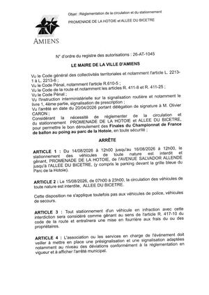 26 AT 1045 Réglementation Du Stationnement Et De La Circulation Pomenade De La Hotoie Et Allée Du Bicetre Le 14 08 2026 - Publiée Le 06 07 2026