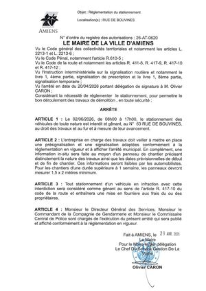 26 AT 0620 Réglementation Du Stationnement Rue De Bouvines Le 02 06 2026 - Publiée Le 06 07 2026