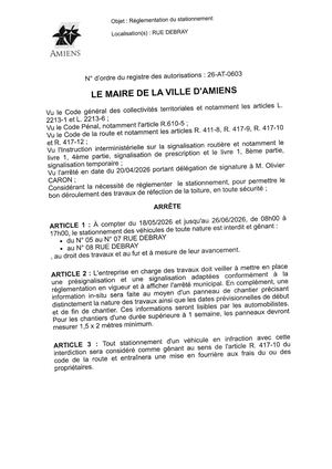 26 AT 0603 Réglementation Du Stationnement Rue Debray Du 18 05 2026 Au 26 06 2026- Publiée Le 06 07 2026