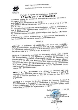 26 AT 0604 Réglementation Du Stationnement Chaussée Jules Ferry Du 08 05 2026 Au 25 07 2026 - Publiée Le 06 07 2026