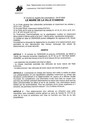 26 AT 0606 Réglementation Du Stationnement Et De La Circulation Rue Saint Honoré Du 18 05 2026 Au 22 05 2026 - Publiée Le 06 07 2026
