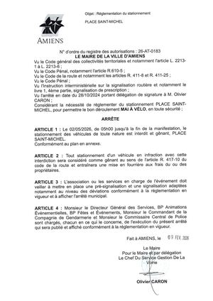 26 AT 0183 Réglementation Du Stationnement Place Saint Michel Le 02 05 2026- Publiée Le 06 07 2026