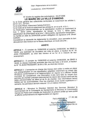 26 AT 0596 Réglementation De La Circulation Jean Froissart Du 10 06 2026 Au 24 06 2026 - Publiée Le 06 07 2026