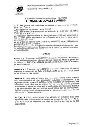 26 AT 0597 Réglementation Du Stationnement Et De La Circulation Rue Jean Moulin Du 25 06 2026 Au 26 06 2026 - Publiée Le 06 07 2026