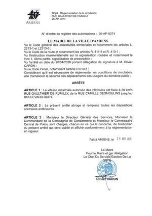 26 AP 0074 Réglementation De La Circulation Rue Gauthier De Rumilly - Vitesse à 30kmh - Publiée Le 06 07 2026
