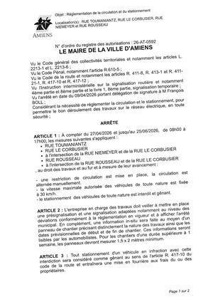26 AT 0592 Réglementation Du Stationnement Et De La Circulation Rue Toumaniantz, Rue Le Corbusier, & Autres Du 27 04 2026 Au 25 06 2026 - Publiée Le 06 07 2026