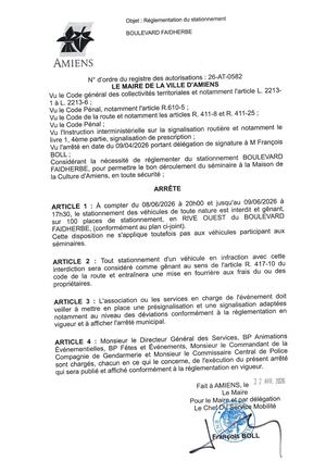 26 AT 0582 Réglementation Du Stationnement Bld Faidherbe Séminaire M. De La Ciulture Du 08 06 Au 09 06 2026 - Publiée Le 06 07 2026