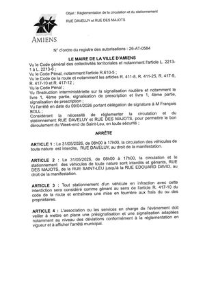 26 AT 0584  Réglementation Du Stationnement Et De La Circulation Rue Daveluy Rue Des Majots Week End De St Leu Le 31 05 2026 - Publiée Le 06 07 2026