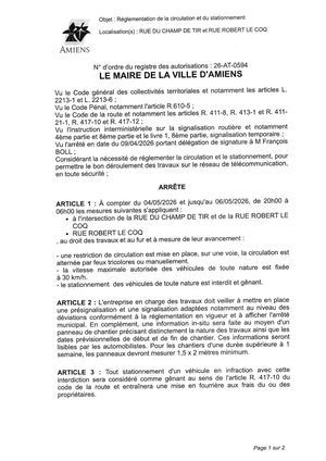 26 AT 0594 Réglementation Du Stationnement Et De La Circulation Rue Du Champ De Tir Et Rue Robert Le Coq Du 04 05 2026 Au 06 05 2026 - Publiée Le 06 07 2026