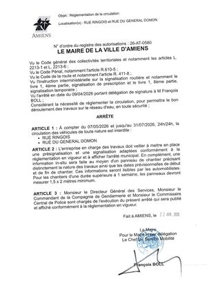 26 AT 0580  Réglementation De La Circulation Rue Ringois Et Rue Du Général Domon Le 07 05 2026 Au 31 07 2026  - Publiée Le 06 07 2026