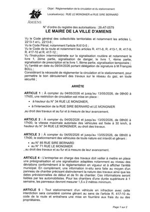 26 AT 0579  Réglementation Du Stationnement Et De La Circulation Rue Le Mongnier Et Rue Sire Bernard Le 04 05 2026 Au 13 05 2026 - Publiée Le 06 07 2026