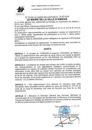26 AT 0578  Réglementation Du Stationnement Avenue Du Général Foy Le 11 05 2026 Au 14 05 2026 - Publiée Le 06 07 2026