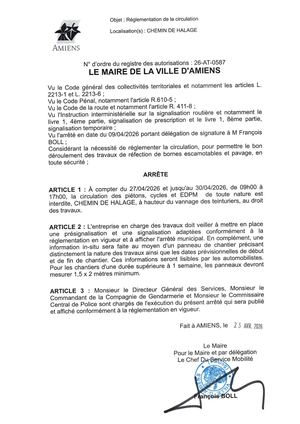 26 AT 0587  Réglementation De La Circulation Chemin Du Halage Du 27 04 2026 Au 30 04 2026 - Publiée Le 06 07 2026