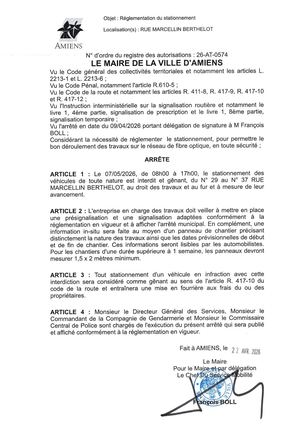 26 AT 0574 Réglementation Du Stationnement Rue Marcellin Berthelot Le 07 05 2026  - Publiée Le 06 07 2026