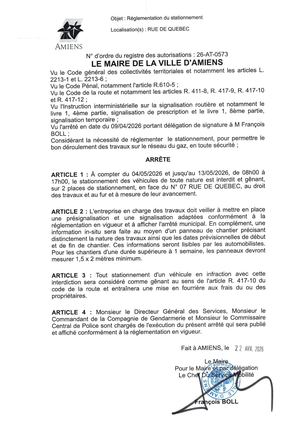 26 AT 0573 Réglementation Du Stationnement Rue De Quebec Du 04 05 2026 Au 13 05 2026 - Publiée Le 06 07 2026