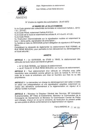 26 AT 0572 Réglementation Du Stationnement Rue Fernel Et Rue Rene Boileau Le 02 05 2026 - Publiée Le 06 07 2026