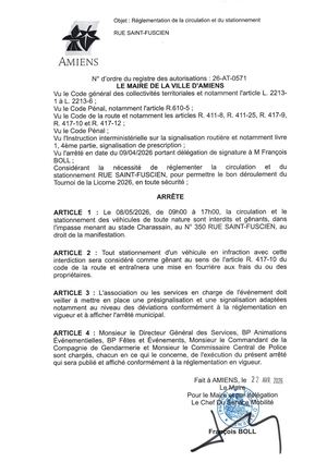 26 AT 0571 Réglementation Du Stationnement Et De La Circulation Rue Saint Fuscien Le 08 05 2026- Publiée Le 06 07 2026