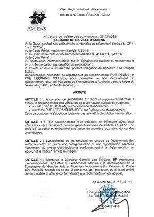 26 AT 0585  Réglementation Du Stationnement Rue Dejean Et Rue Legrand D'Aussy Du 24 04 2026 Au 26 04 2026 - Publiée Le 06 07 2026