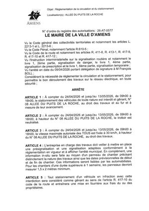 26 AT 0577 Réglementation Du Stationnement Et De La Circulation Allée Du Puits De La Roche Du 24 04 2026 Au 13 05 2026 - Publiée Le 06 07 2026