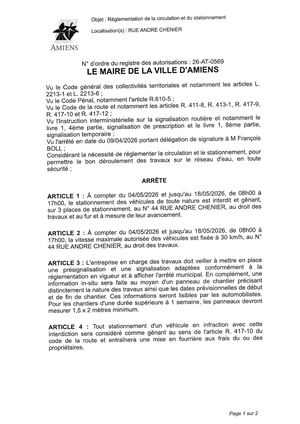26 AT 0569 Réglementation Du Stationnement Et De La Circulation Rue Andre Chenier Du 04 05 2026 Au 18 05 2026 - Publiée Le 06 07 2026