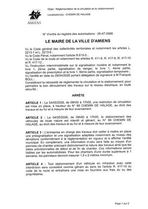 26 AT 0566 Réglementation Du Stationnement Et De La Circulation Chemin Du Halage Le 04 05 2026 - Publiée Le 06 07 2026