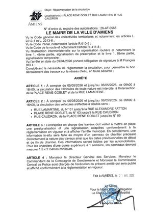 26 AT 0565 Réglementation  De La Circulation Place Rene Goblet Rue Lamartine Et Rue Caudron Du 05 05 2026 Au 06 05 2026  - Publiée Le 06 07 2026