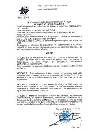 26 AT 0564 Réglementation Du Stationnement Boulevard Faidherbe Le 09 06 2026  - Publiée Le 06 07 2026